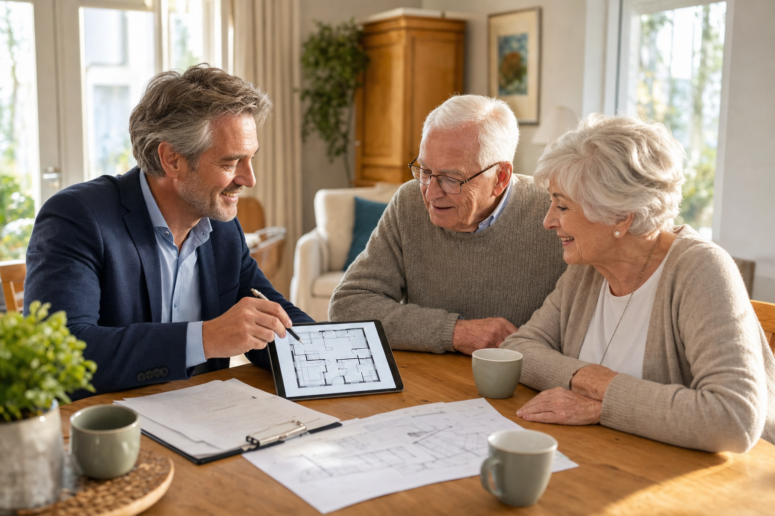 Conseiller à domicile, homme cinquantaine, présentant un plan d'aménagement à un couple senior