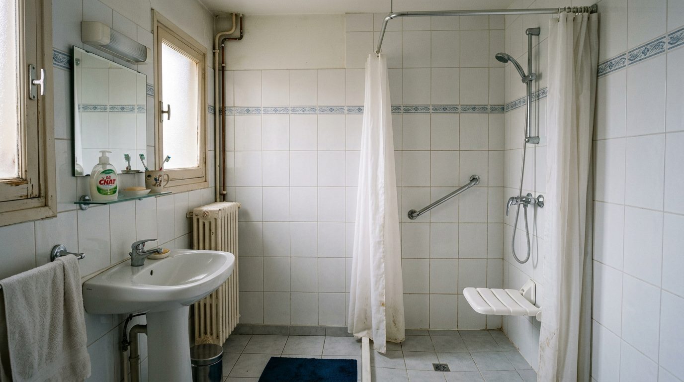 Petite salle de bain simple avec douche accessible, siège et barre de maintien