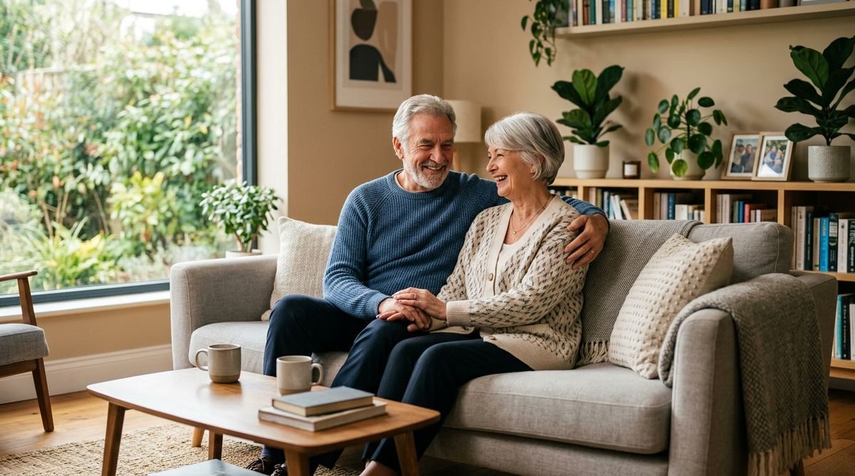 Couple senior heureux dans leur salon aménagé
