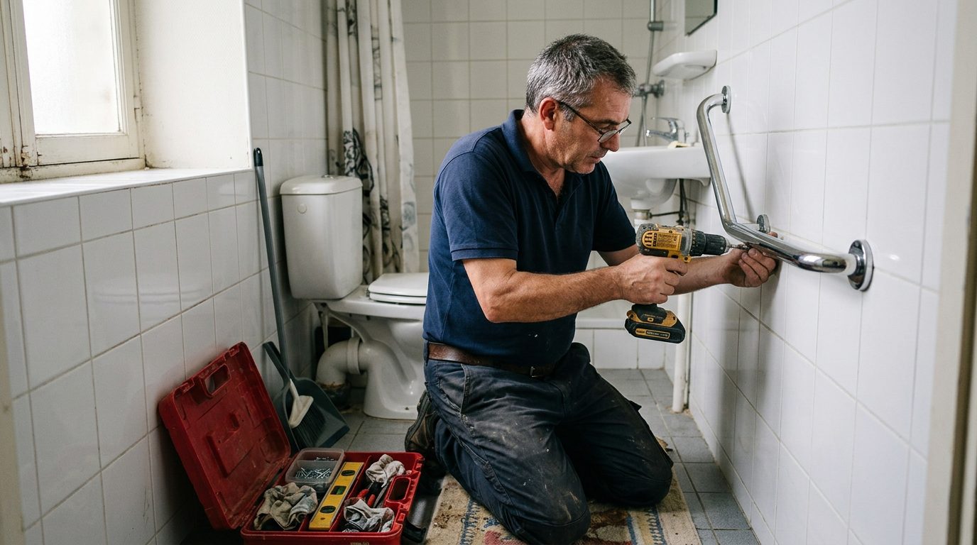 Artisan installant une barre de maintien dans une salle de bain modeste