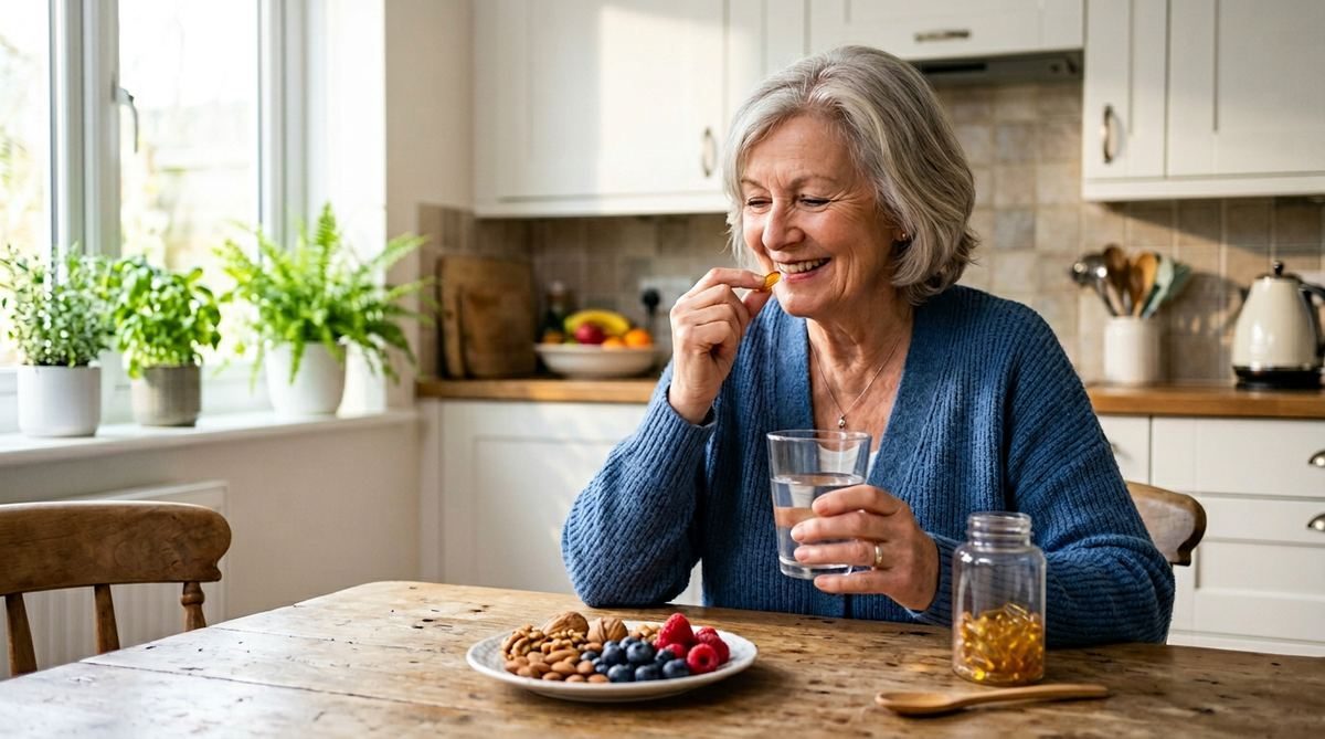 Femme senior prenant un complément alimentaire Oméga-3 avec des fruits frais
