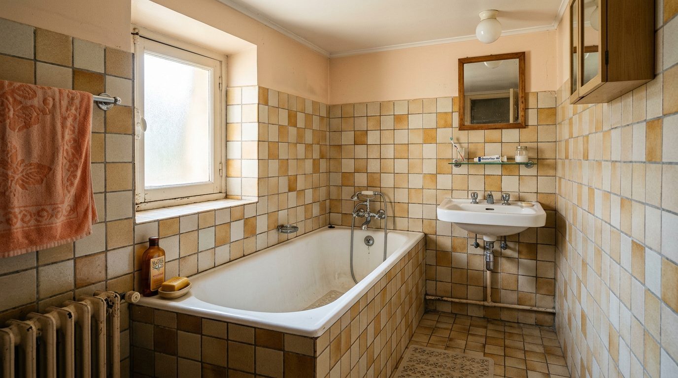 Salle de bain avec baignoire et carrelage type années 1970