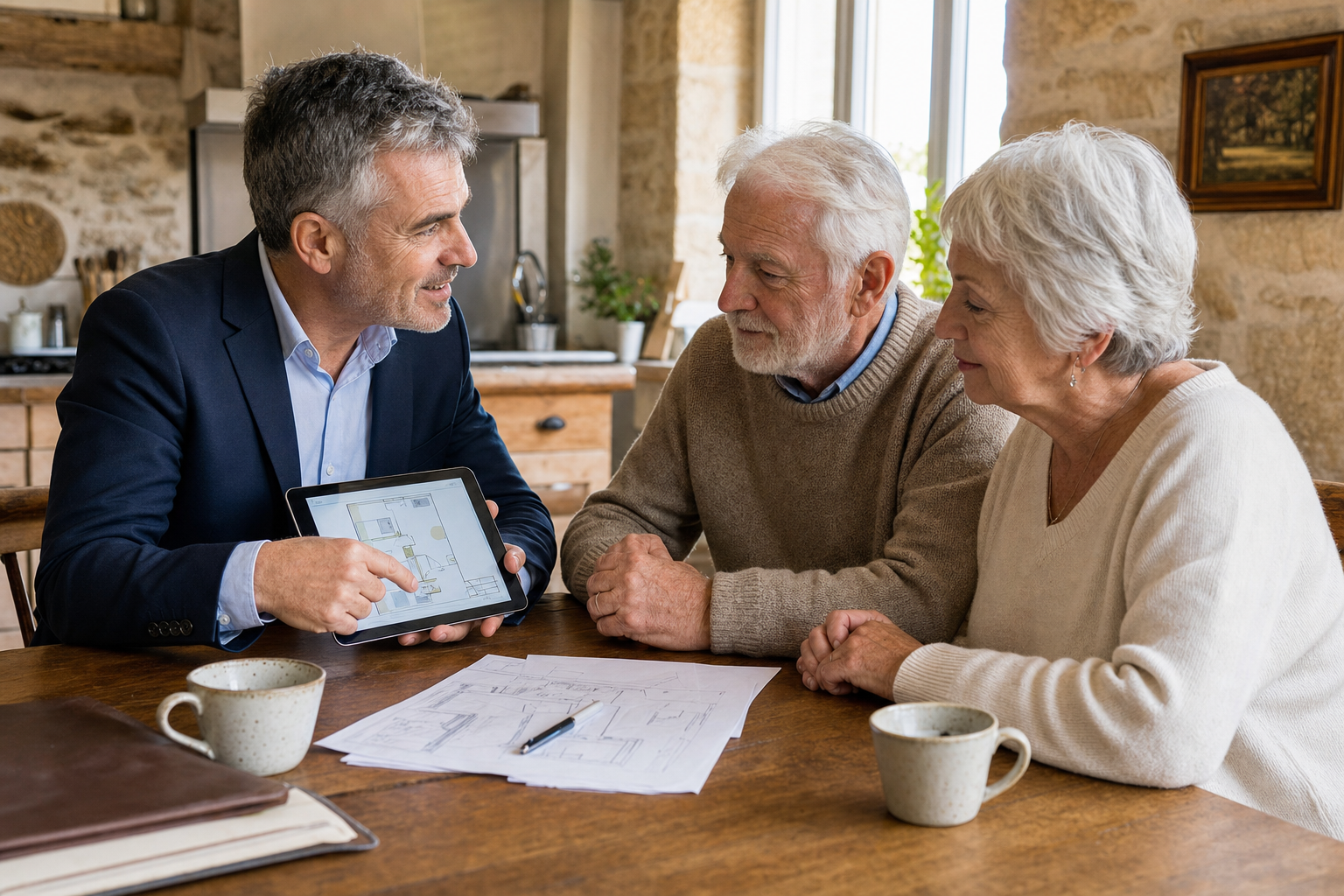 Conseiller à domicile, homme cinquantaine, présentant des solutions d'aménagement à un couple senior sur tablette